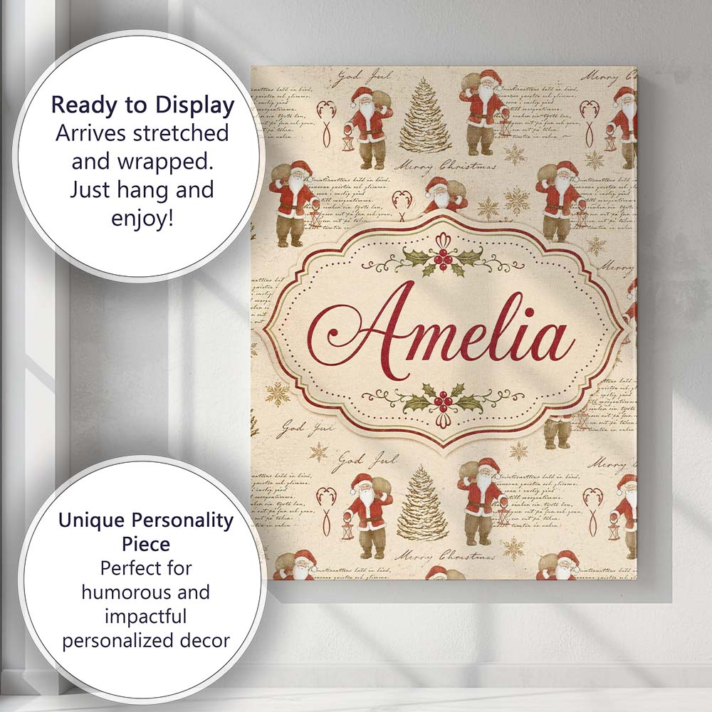 Personalised Name Rustic Santa Claus Script Custom  Bespoke Interior Contemporary Canvas Wall Art Print Decor Picture Ready to Hang