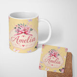 Personalized Custom Name Cute Watercolor Roses Bouquet with Red Ribbon Soft Yellow Background 11oz Ceramic Coffee Tea Mug White Large Handle