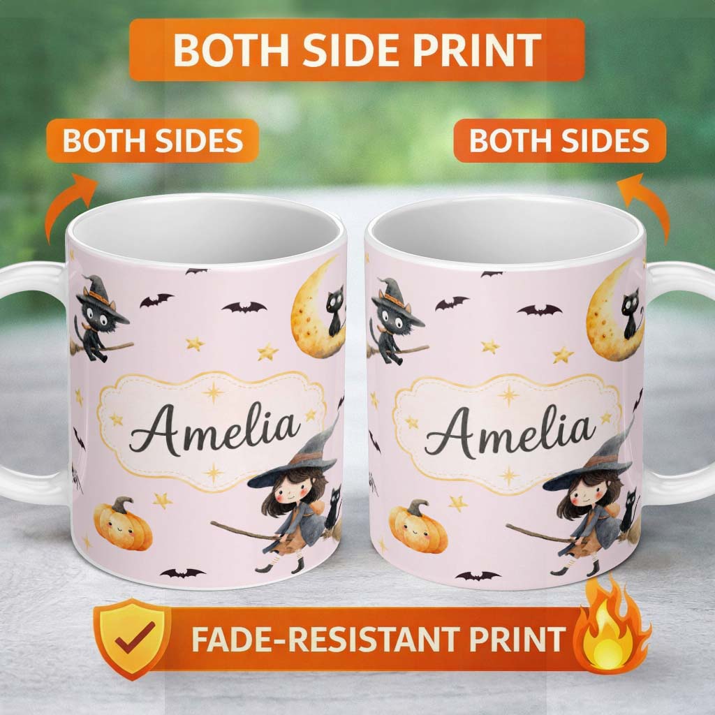 Personalized Custom Name Halloween Witch Girl Flying on Broom with Black Cat Moon and Stars 11oz Ceramic Coffee Tea Mug White Large Handle