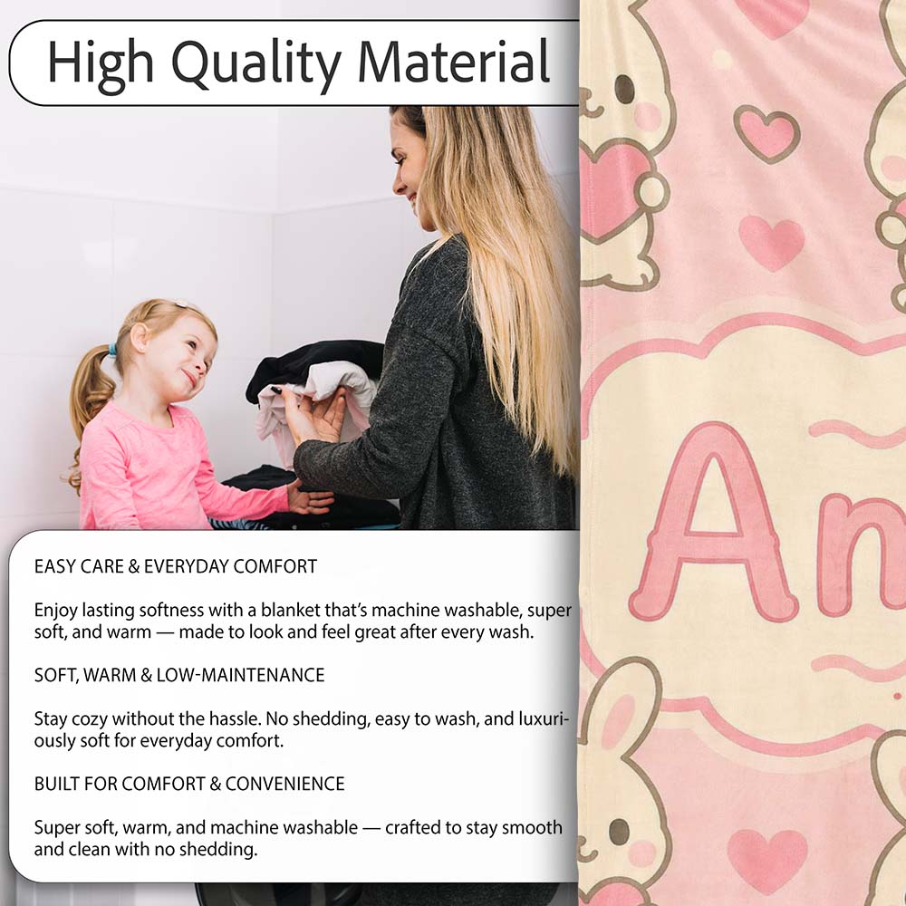 Cute Bunny Heart Cartoon Animal Love Pattern Perfect Gift for Her  Personalised Custom Name Super Soft Fleece Blanket Bed Sofa Throw