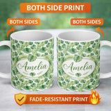 Personalized Custom Name Light Green Botanical Monstera Leaf Arrangement Seamless Pattern 11oz Ceramic Coffee Tea Mug White Large Handle