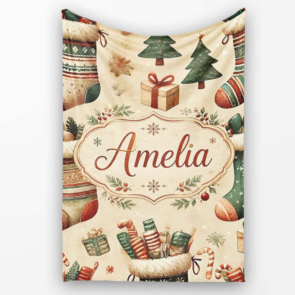 Cozy Christmas Stockings Gifts Candy Canes Seamless Pattern Lovely  Personalised Custom Name Super Soft Fleece Blanket Bed Sofa Throw