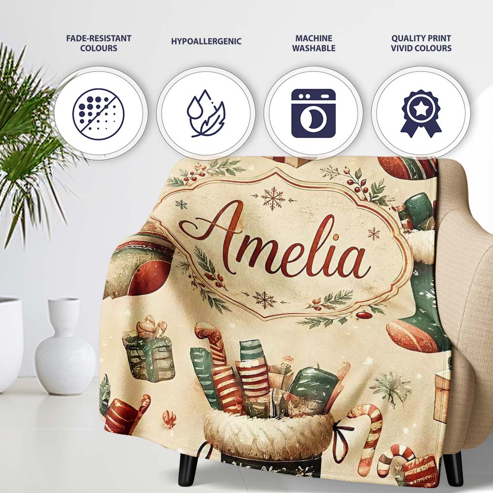 Cozy Christmas Stockings Gifts Candy Canes Seamless Pattern Lovely  Personalised Custom Name Super Soft Fleece Blanket Bed Sofa Throw