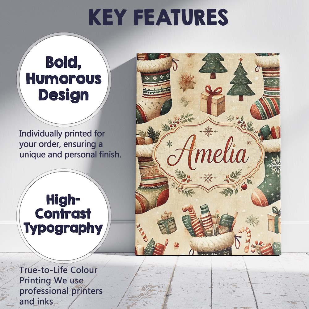 Personalised Name Cozy Christmas Stockings Custom  Unique Gift Idea Elegant Feature Canvas Wall Art Print Decor Picture Ready to Hang