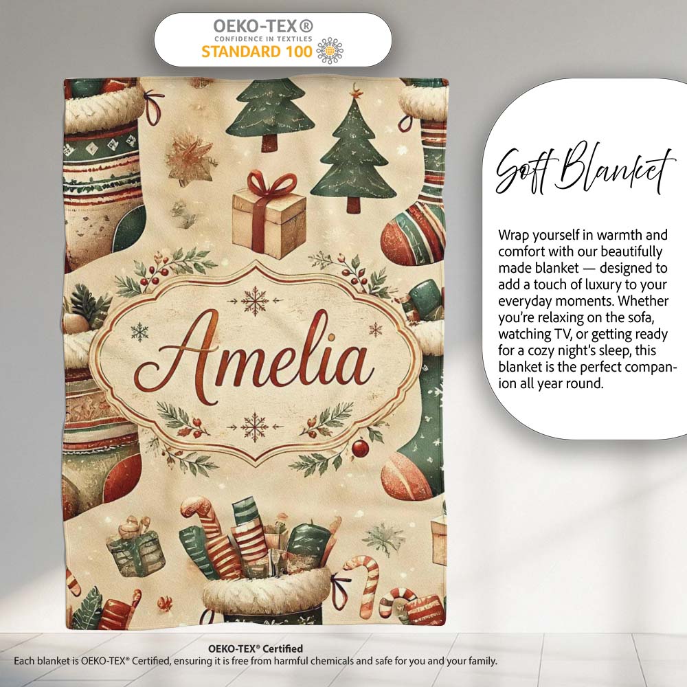 Cozy Christmas Stockings Gifts Candy Canes Seamless Pattern Lovely  Personalised Custom Name Super Soft Fleece Blanket Bed Sofa Throw