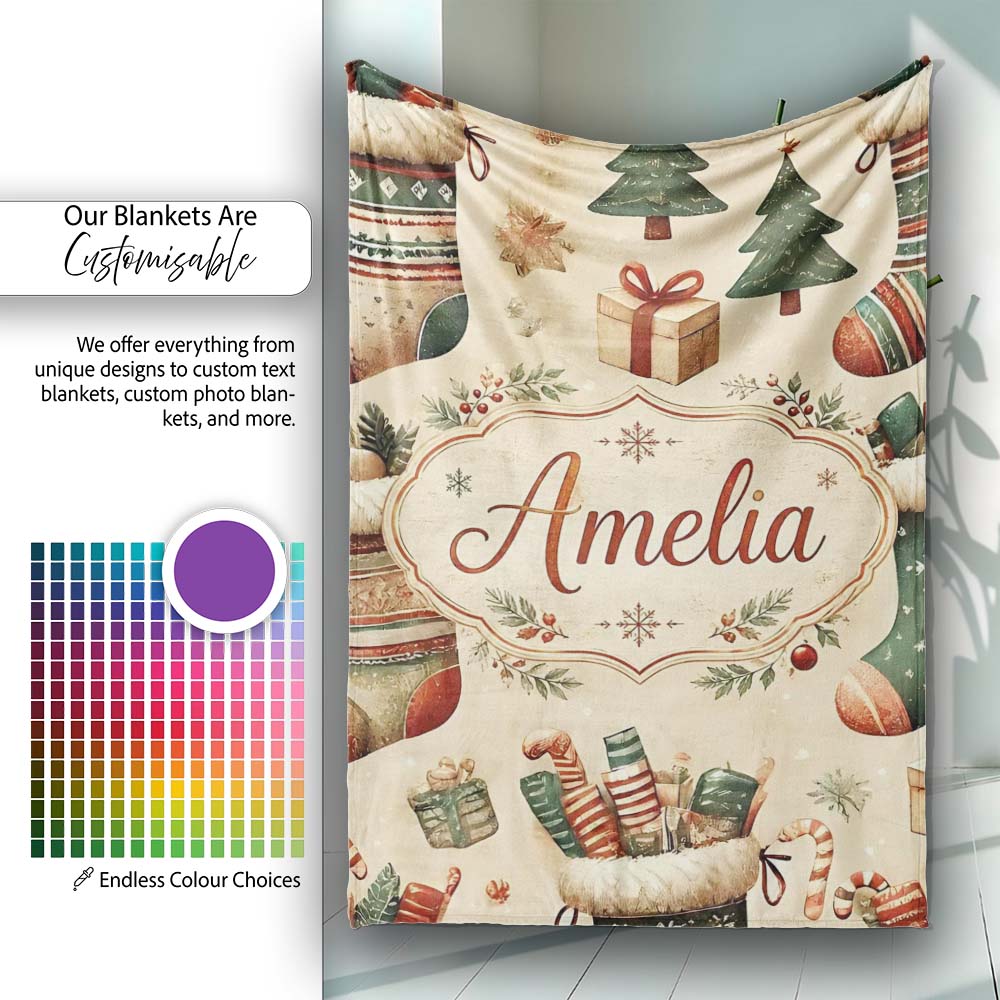 Cozy Christmas Stockings Gifts Candy Canes Seamless Pattern Lovely  Personalised Custom Name Super Soft Fleece Blanket Bed Sofa Throw