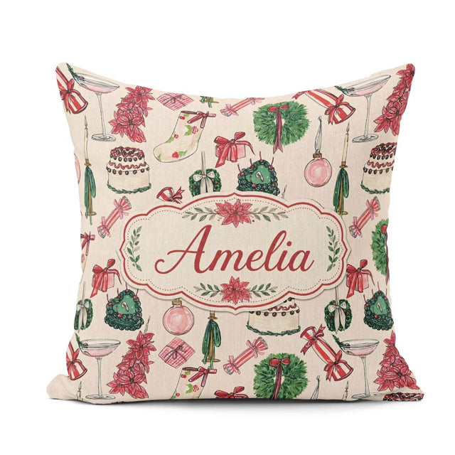 Custom Name Festive Holiday Cakes Wreaths Candles Gifts Seamless Square Filled Cushion Throw Pillow Sofa Bed Home Decor Zip Washable UK Made