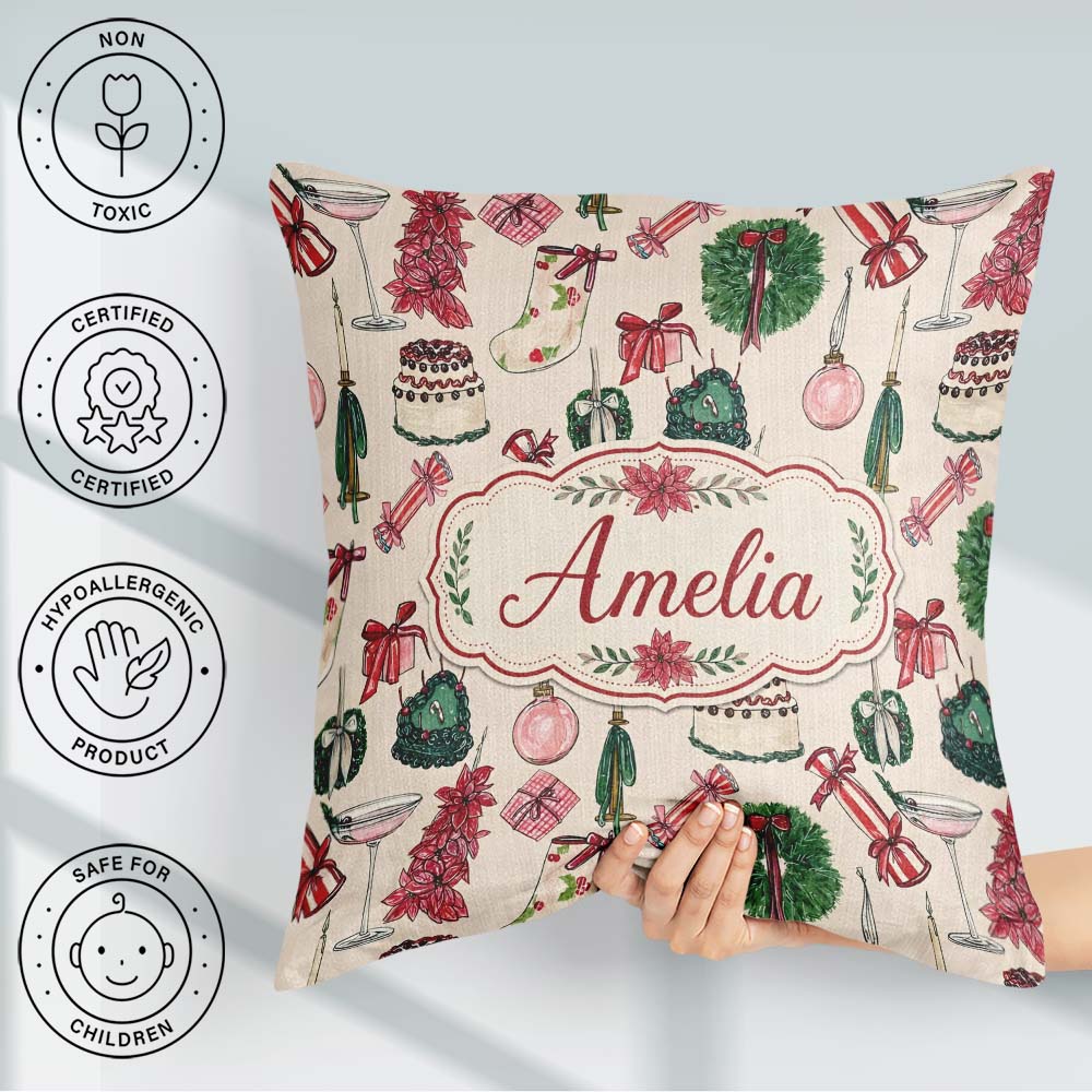 Custom Name Festive Holiday Cakes Wreaths Candles Gifts Seamless Square Filled Cushion Throw Pillow Sofa Bed Home Decor Zip Washable UK Made