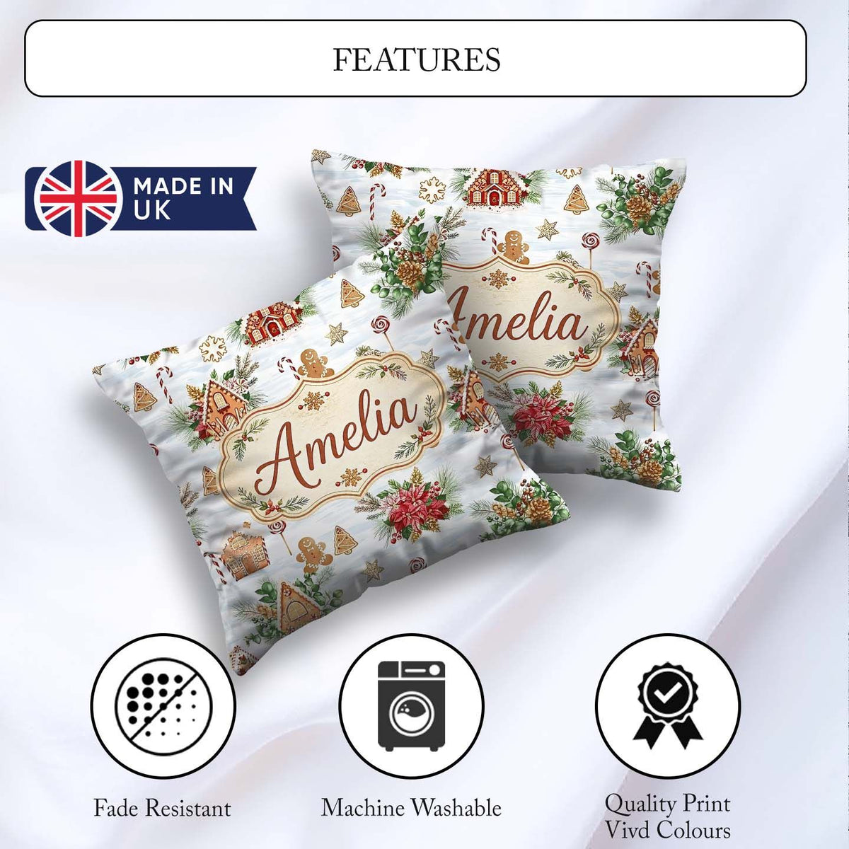 Custom Name Gingerbread Houses Candy Canes Winter Treats Pattern Square Filled Cushion Throw Pillow Sofa Bed Home Decor Zip Washable UK Made