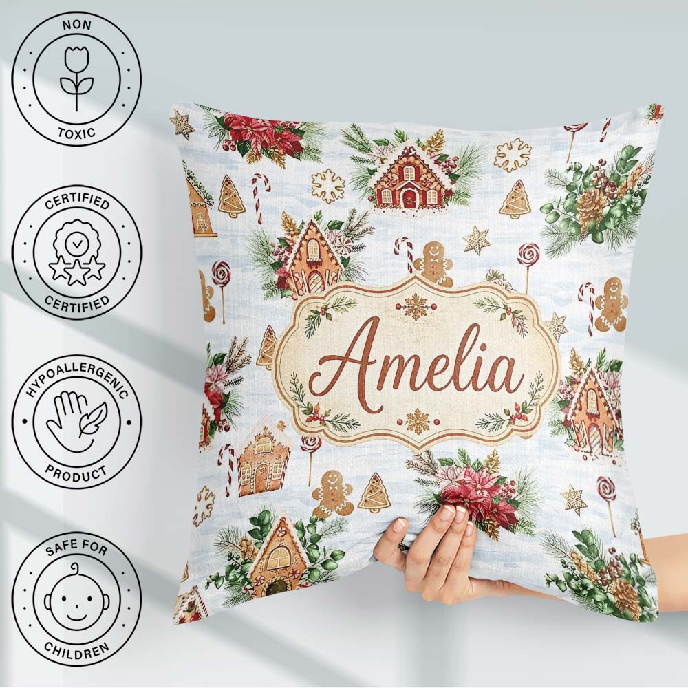 Custom Name Gingerbread Houses Candy Canes Winter Treats Pattern Square Filled Cushion Throw Pillow Sofa Bed Home Decor Zip Washable UK Made