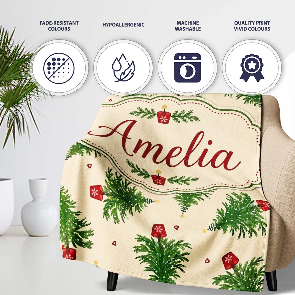 Simple Green Christmas Trees Minimal Seamless Pattern Lovely  Personalised Custom Name Super Soft Fleece Blanket Bed Sofa Throw