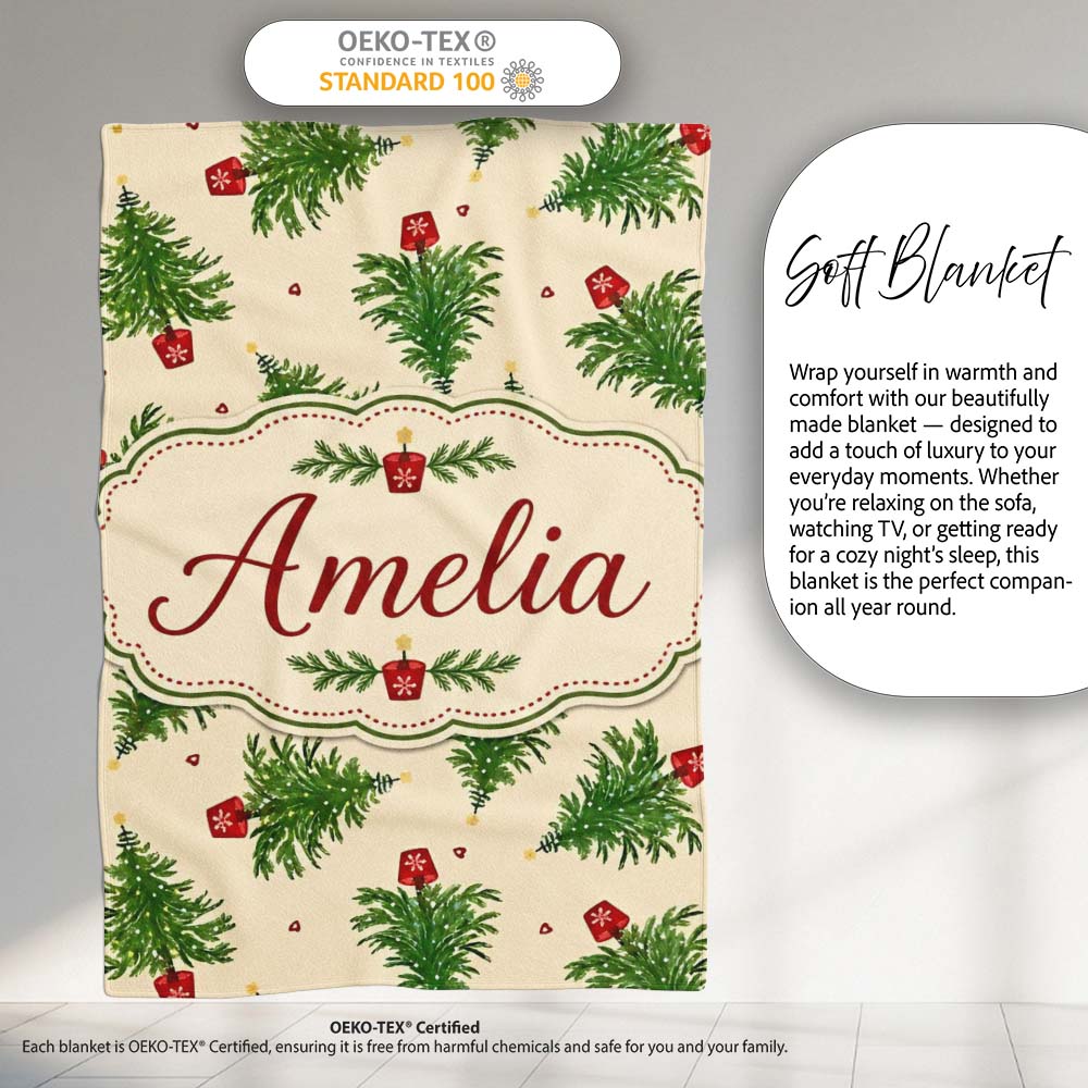 Simple Green Christmas Trees Minimal Seamless Pattern Lovely  Personalised Custom Name Super Soft Fleece Blanket Bed Sofa Throw