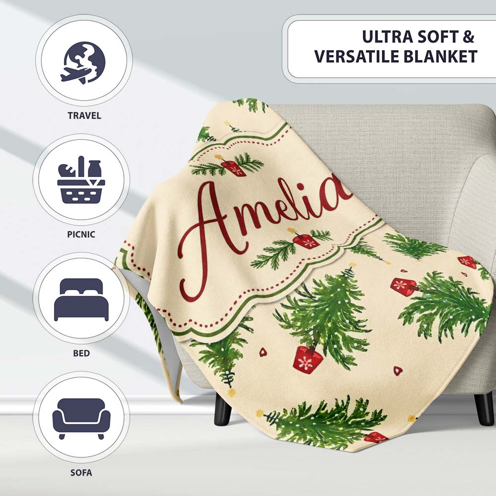 Simple Green Christmas Trees Minimal Seamless Pattern Lovely  Personalised Custom Name Super Soft Fleece Blanket Bed Sofa Throw