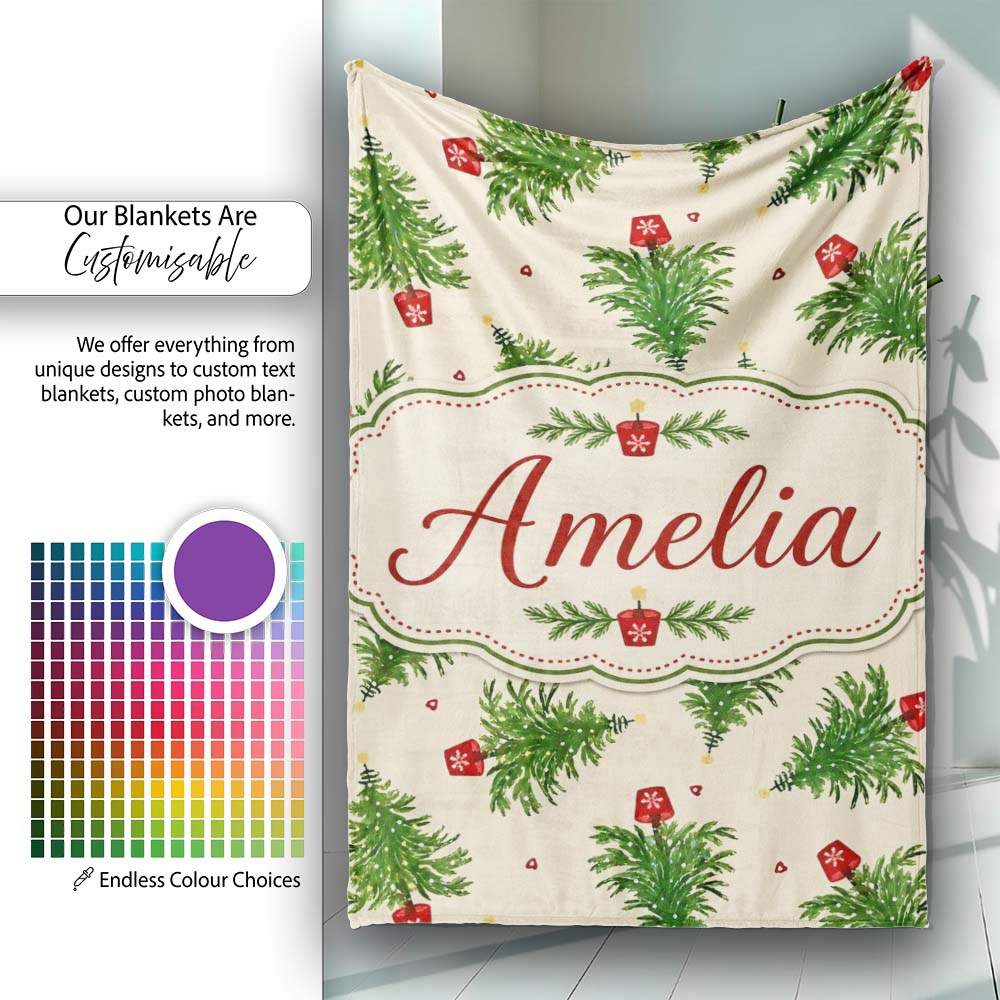 Simple Green Christmas Trees Minimal Seamless Pattern Lovely  Personalised Custom Name Super Soft Fleece Blanket Bed Sofa Throw