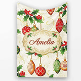 Elegant Holly Leaves Red Green Baubles Seamless Pattern Lovely  Personalised Custom Name Super Soft Fleece Blanket Bed Sofa Throw