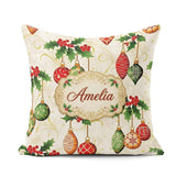 Custom Name Elegant Holly Leaves Green Baubles Seamless Pattern Square Filled Cushion Throw Pillow Sofa Bed Home Decor Zip Washable UK Made