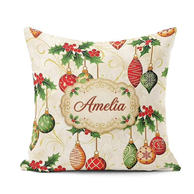 Custom Name Elegant Holly Leaves Green Baubles Seamless Pattern Square Filled Cushion Throw Pillow Sofa Bed Home Decor Zip Washable UK Made