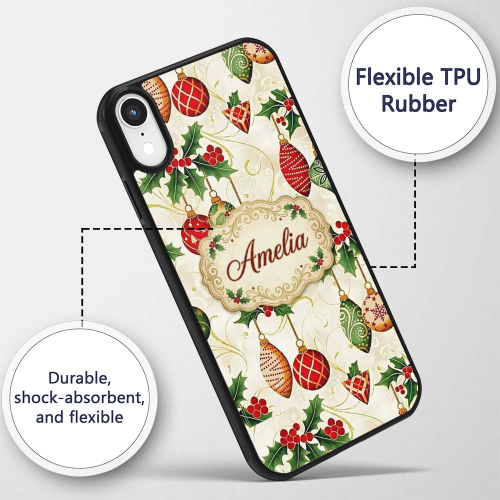 Elegant Holly Leaves Red Green Baubles Seamless Custom Name Protective Phone Case Mobile Cover Durable Everyday Smartphone Shock Resistant