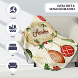 Elegant Holly Leaves Red Green Baubles Seamless Pattern Lovely  Personalised Custom Name Super Soft Fleece Blanket Bed Sofa Throw