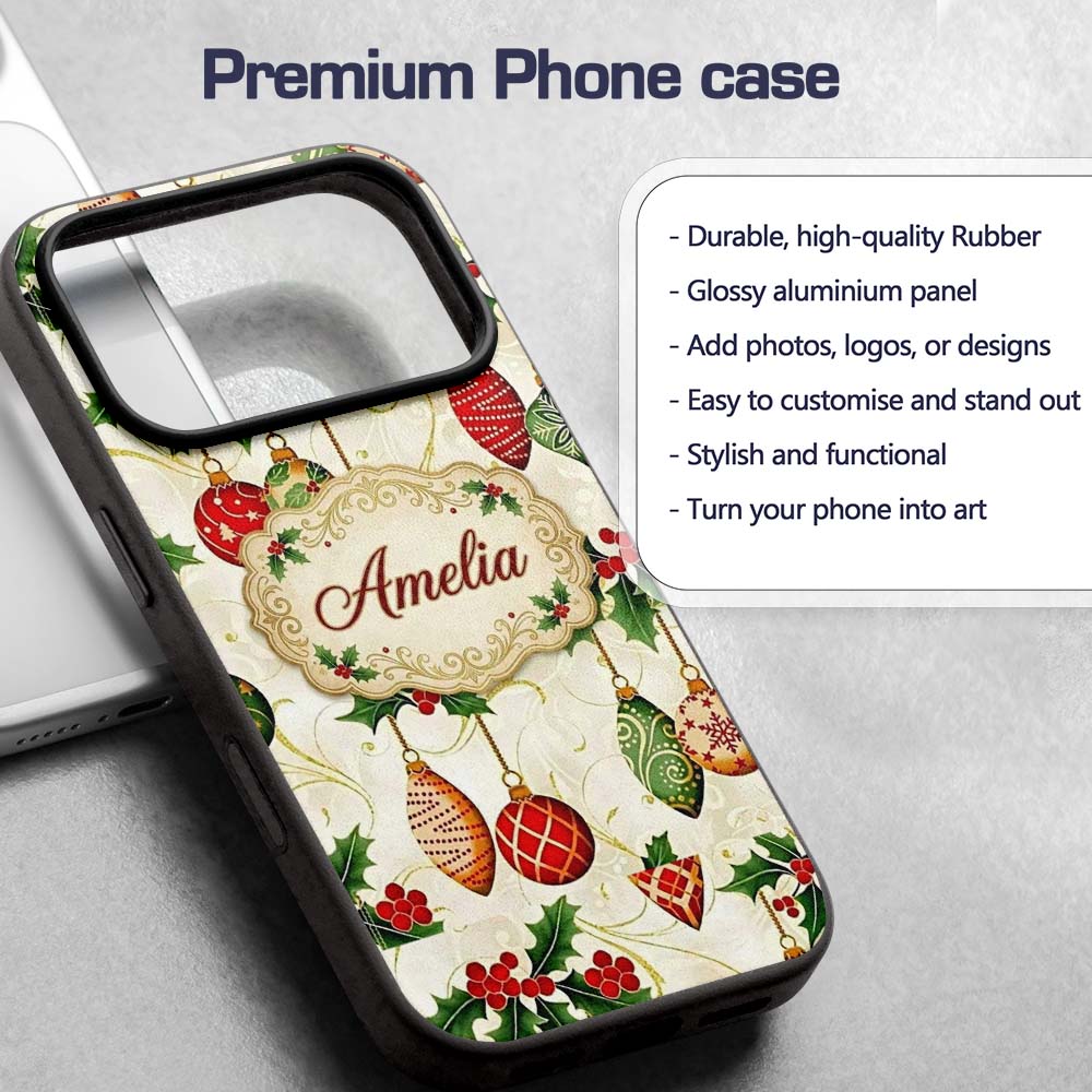 Elegant Holly Leaves Red Green Baubles Seamless Custom Name Protective Phone Case Mobile Cover Durable Everyday Smartphone Shock Resistant