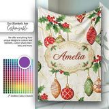 Elegant Holly Leaves Red Green Baubles Seamless Pattern Lovely  Personalised Custom Name Super Soft Fleece Blanket Bed Sofa Throw