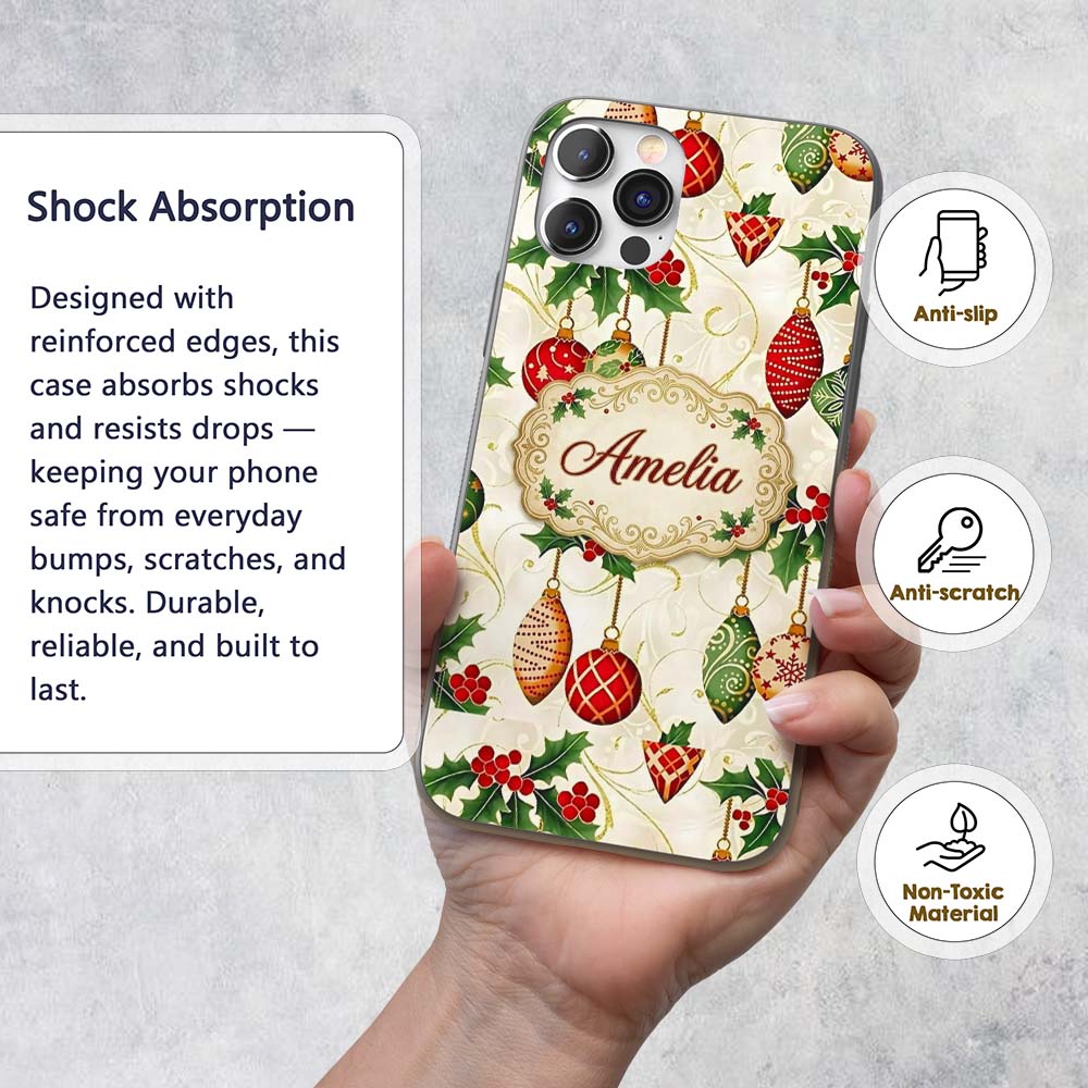 Elegant Holly Leaves Red Green Baubles Seamless Custom Name Protective Phone Case Mobile Cover Durable Everyday Smartphone Shock Resistant