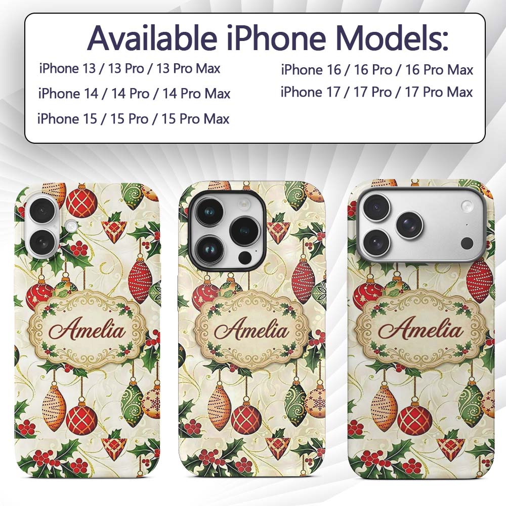Elegant Holly Leaves Red Green Baubles Seamless Custom Name Protective Phone Case Mobile Cover Durable Everyday Smartphone Shock Resistant