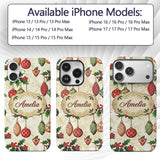 Elegant Holly Leaves Red Green Baubles Seamless Custom Name Protective Phone Case Mobile Cover Durable Everyday Smartphone Shock Resistant