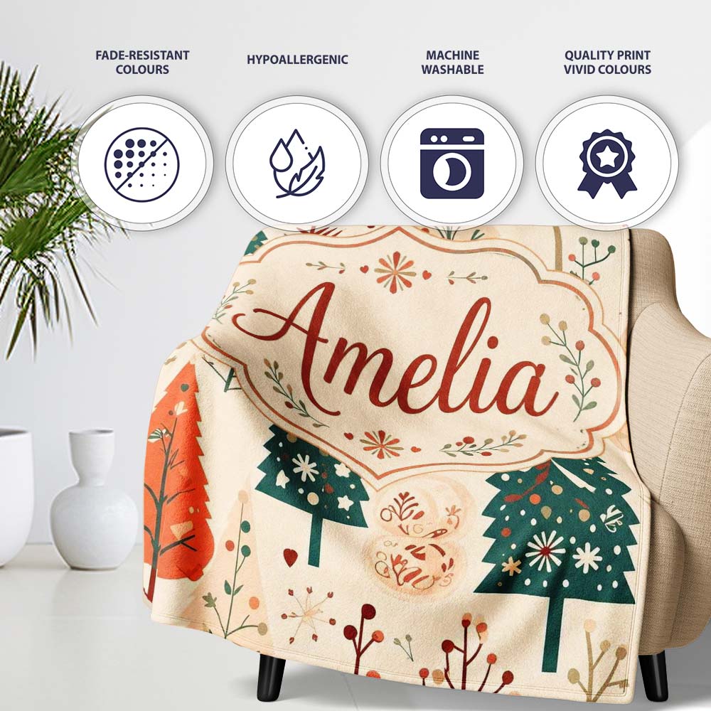 Scandinavian Style Christmas Trees Forest Seamless Pattern Lovely  Personalised Custom Name Super Soft Fleece Blanket Bed Sofa Throw