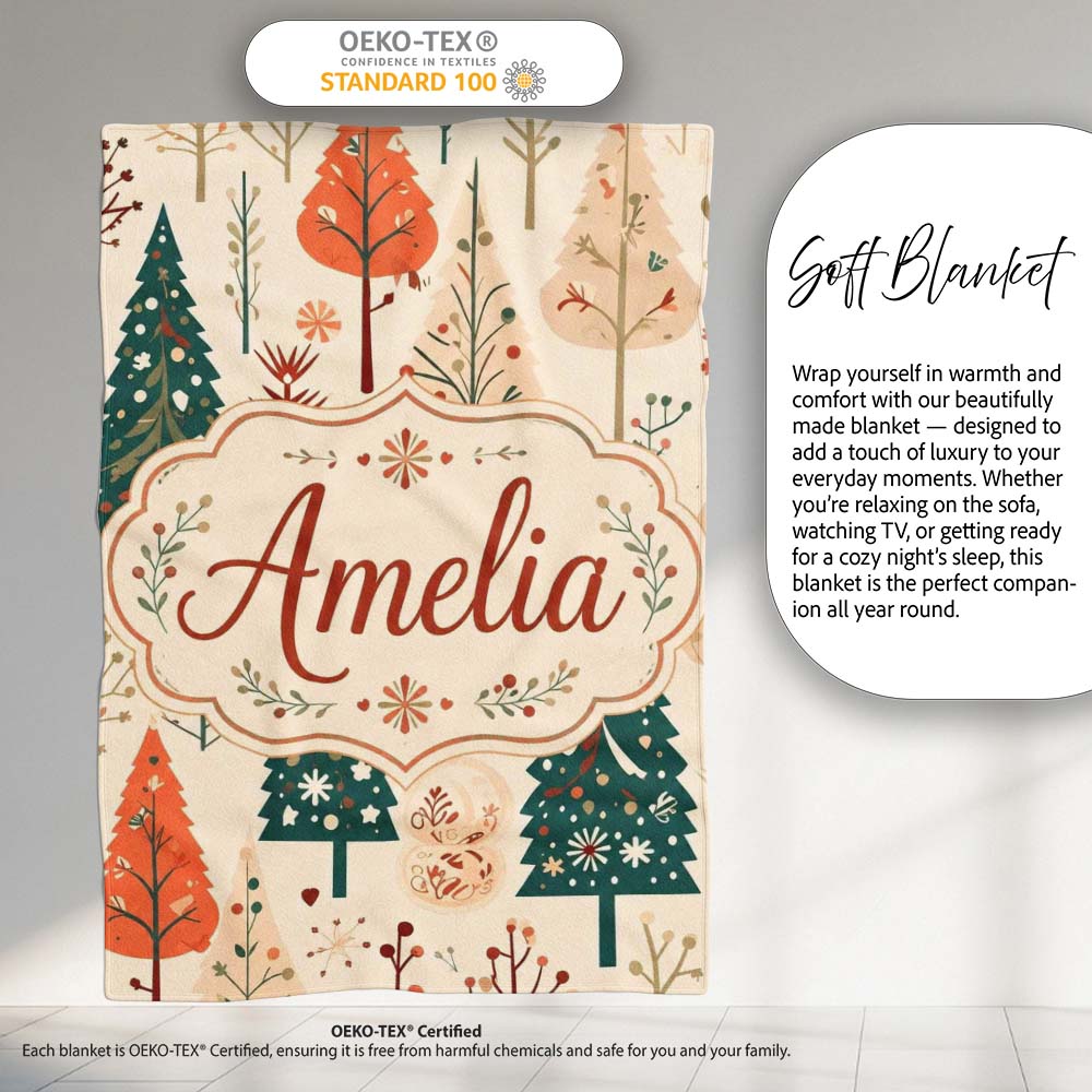 Scandinavian Style Christmas Trees Forest Seamless Pattern Lovely  Personalised Custom Name Super Soft Fleece Blanket Bed Sofa Throw