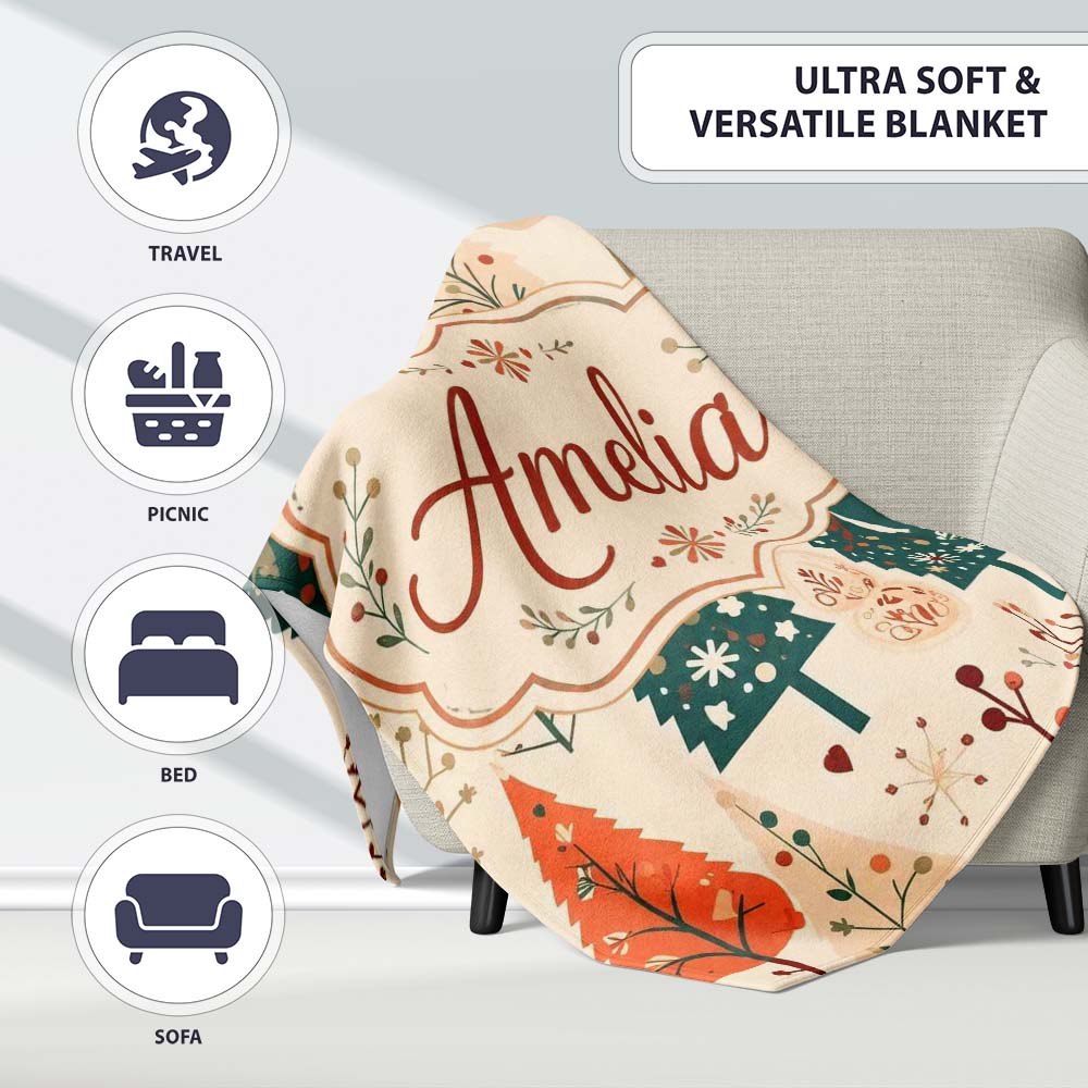 Scandinavian Style Christmas Trees Forest Seamless Pattern Lovely  Personalised Custom Name Super Soft Fleece Blanket Bed Sofa Throw