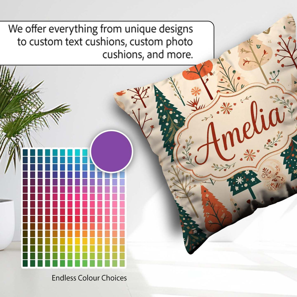Custom Name Style Christmas Trees Forest Seamless Pattern Lovely Square Filled Cushion Throw Pillow Sofa Bed Home Decor Zip Washable UK Made