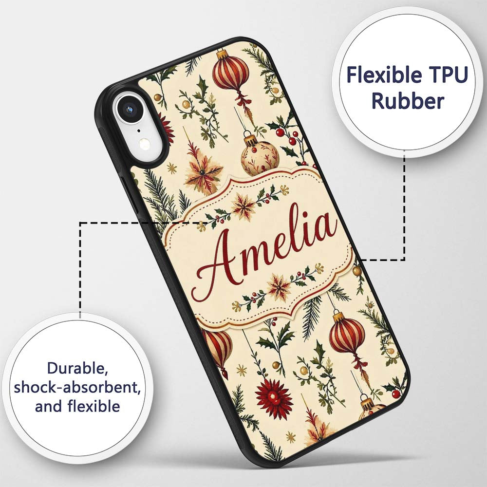 Elegant Christmas Baubles Holly Berry Botanical Custom Name Protective Phone Case Mobile Cover Durable Everyday Smartphone Shock Resistant