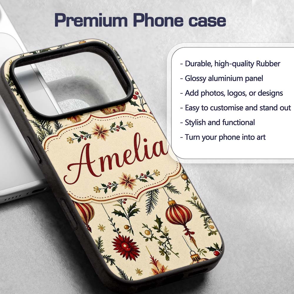 Elegant Christmas Baubles Holly Berry Botanical Custom Name Protective Phone Case Mobile Cover Durable Everyday Smartphone Shock Resistant