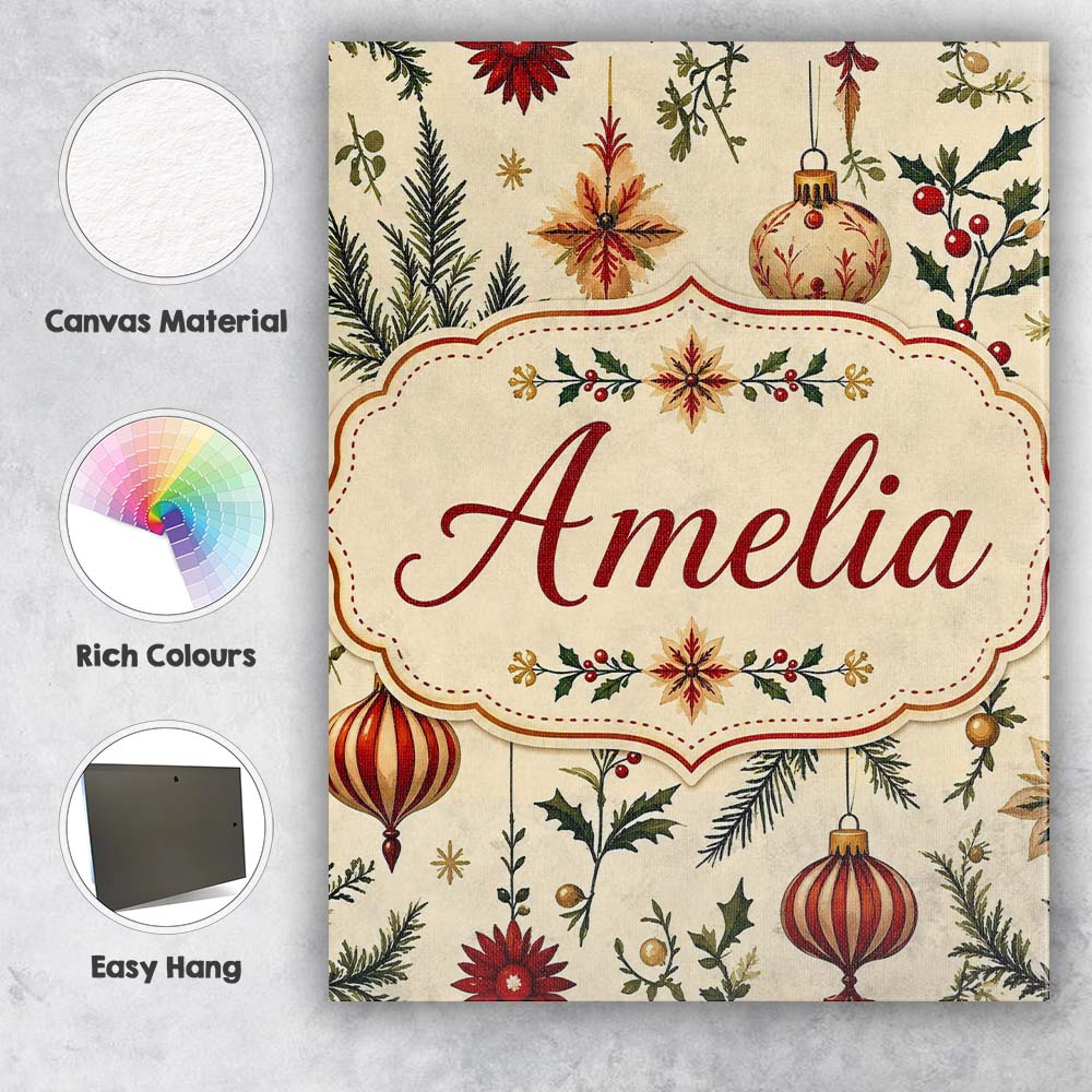 Personalised Name Elegant Christmas Baubles Custom  Bespoke Interior Contemporary Canvas Wall Art Print Decor Picture Ready to Hang