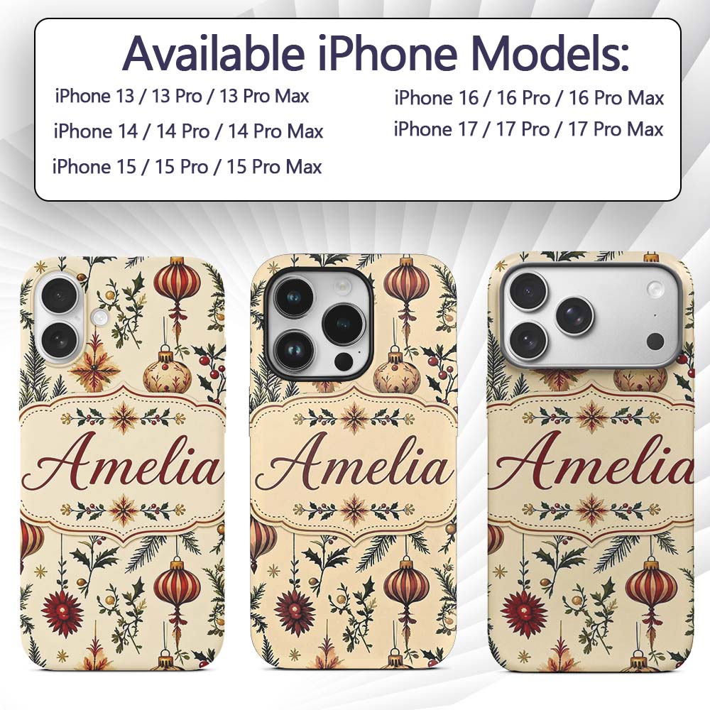 Elegant Christmas Baubles Holly Berry Botanical Custom Name Protective Phone Case Mobile Cover Durable Everyday Smartphone Shock Resistant
