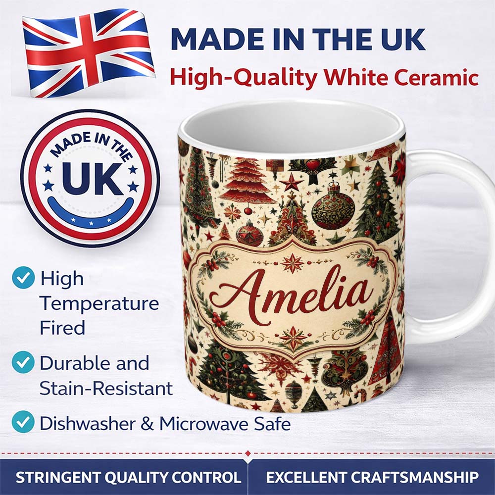 Personalized Custom Name Ornate Christmas Trees Baubles Stars Vintage Seamless Pattern Lovely 11oz Ceramic Coffee Tea Mug White Large Handle