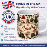 Personalized Custom Name Ornate Christmas Trees Baubles Stars Vintage Seamless Pattern Lovely 11oz Ceramic Coffee Tea Mug White Large Handle