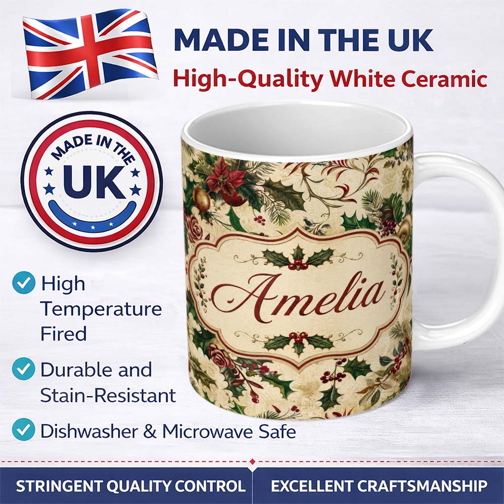 Personalized Custom Name Classic Christmas Floral Holly Berries Pine Leaves Vintage Seamless 11oz Ceramic Coffee Tea Mug White Large Handle
