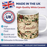 Personalized Custom Name Classic Christmas Floral Holly Berries Pine Leaves Vintage Seamless 11oz Ceramic Coffee Tea Mug White Large Handle