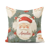 Custom Name Santa Claus Face Snowflakes Festive Seamless Pattern Square Filled Cushion Throw Pillow Sofa Bed Home Decor Zip Washable UK Made