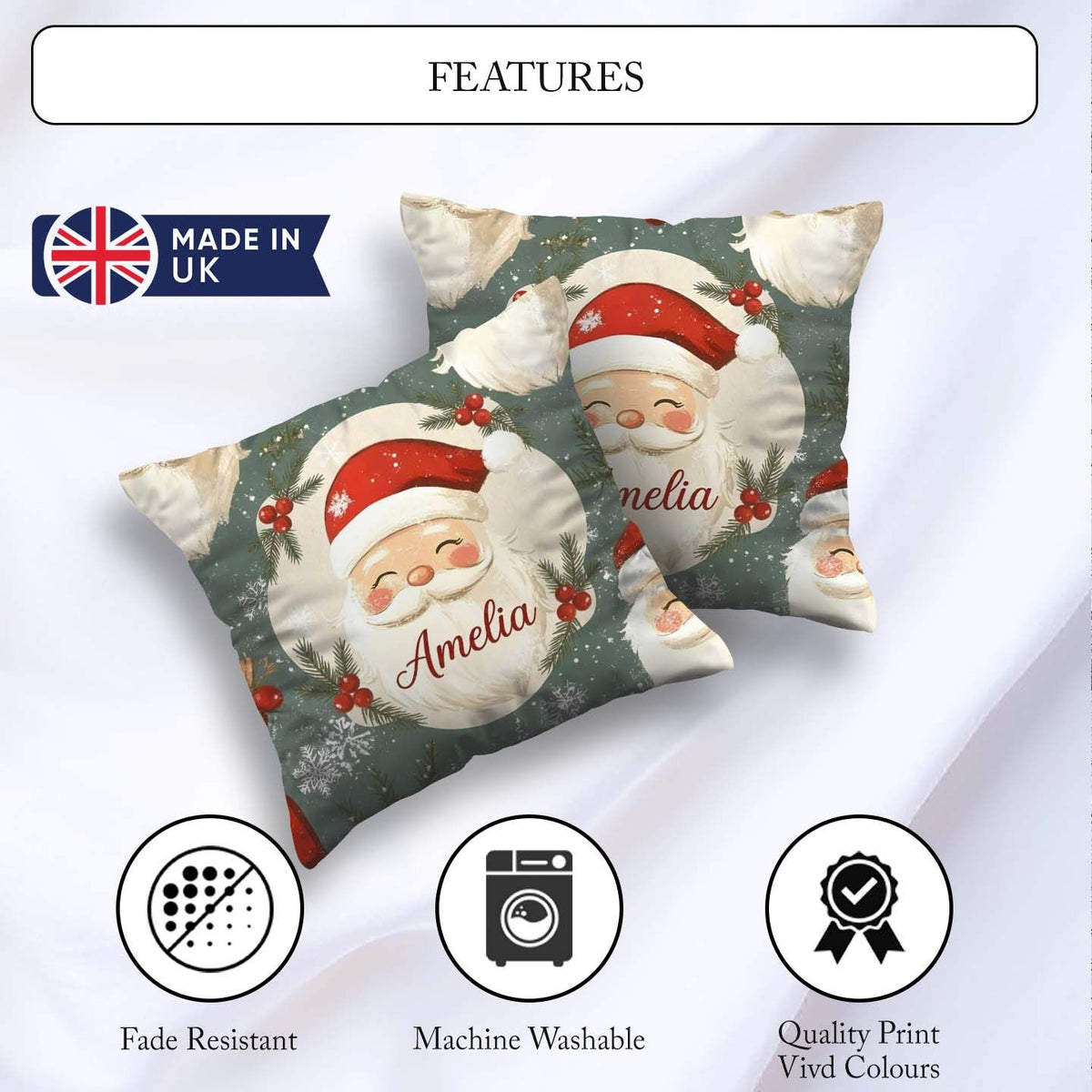 Custom Name Santa Claus Face Snowflakes Festive Seamless Pattern Square Filled Cushion Throw Pillow Sofa Bed Home Decor Zip Washable UK Made