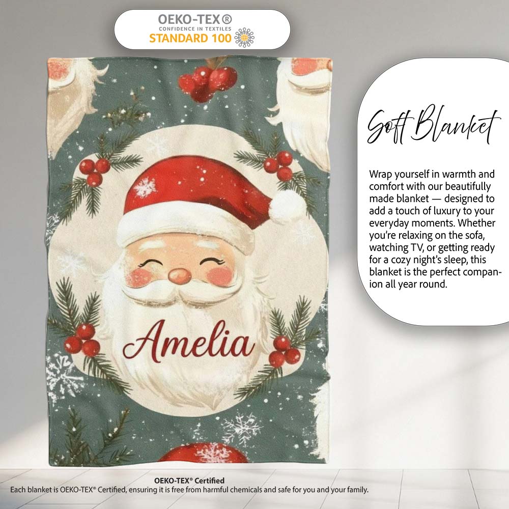Cute Santa Claus Face Snowflakes Festive Seamless Pattern Lovely  Personalised Custom Name Super Soft Fleece Blanket Bed Sofa Throw