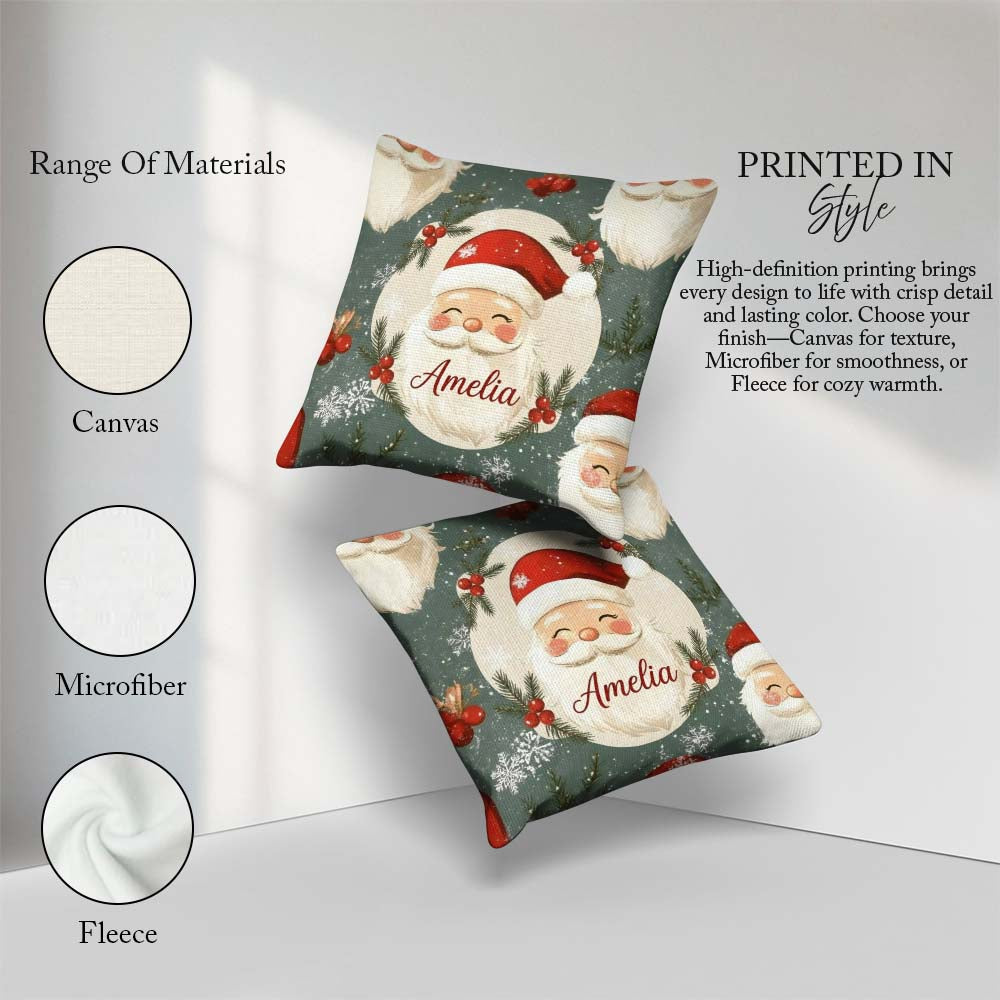 Custom Name Santa Claus Face Snowflakes Festive Seamless Pattern Square Filled Cushion Throw Pillow Sofa Bed Home Decor Zip Washable UK Made