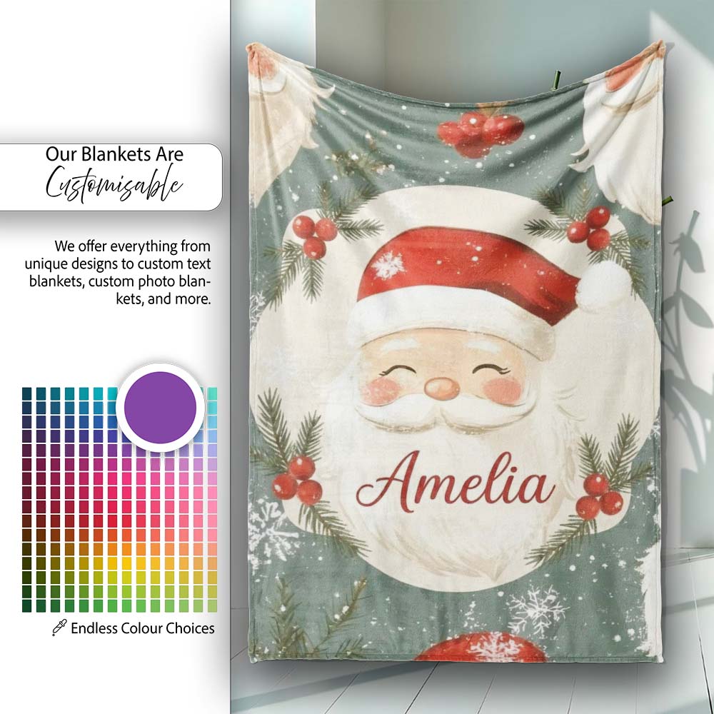 Cute Santa Claus Face Snowflakes Festive Seamless Pattern Lovely  Personalised Custom Name Super Soft Fleece Blanket Bed Sofa Throw