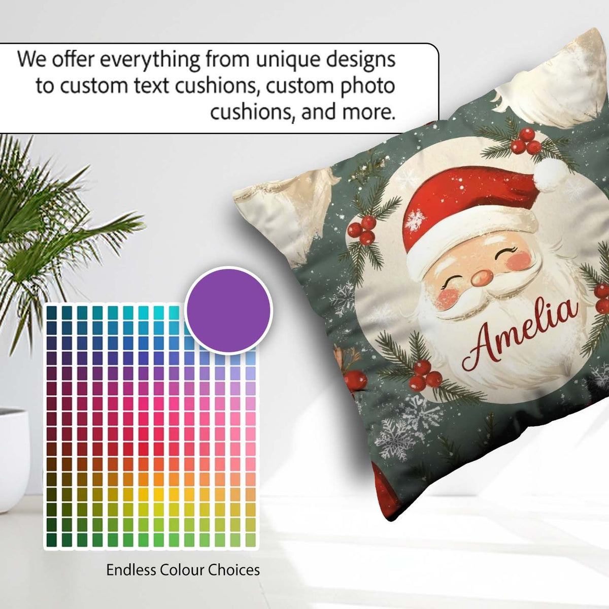 Custom Name Santa Claus Face Snowflakes Festive Seamless Pattern Square Filled Cushion Throw Pillow Sofa Bed Home Decor Zip Washable UK Made