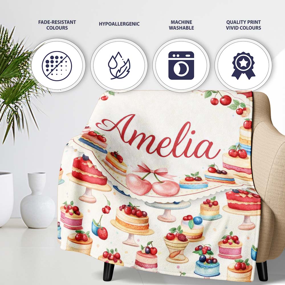 Pink Strawberry Cake Seamless Pattern Cute Dessert Sweet Food Design  Personalised Custom Name Super Soft Fleece Blanket Bed Sofa Throw