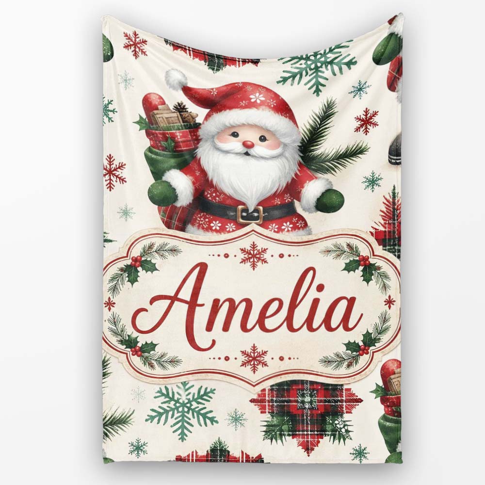 Cute Santa Character Gifts Snowflakes Seamless Pattern Lovely  Personalised Custom Name Super Soft Fleece Blanket Bed Sofa Throw