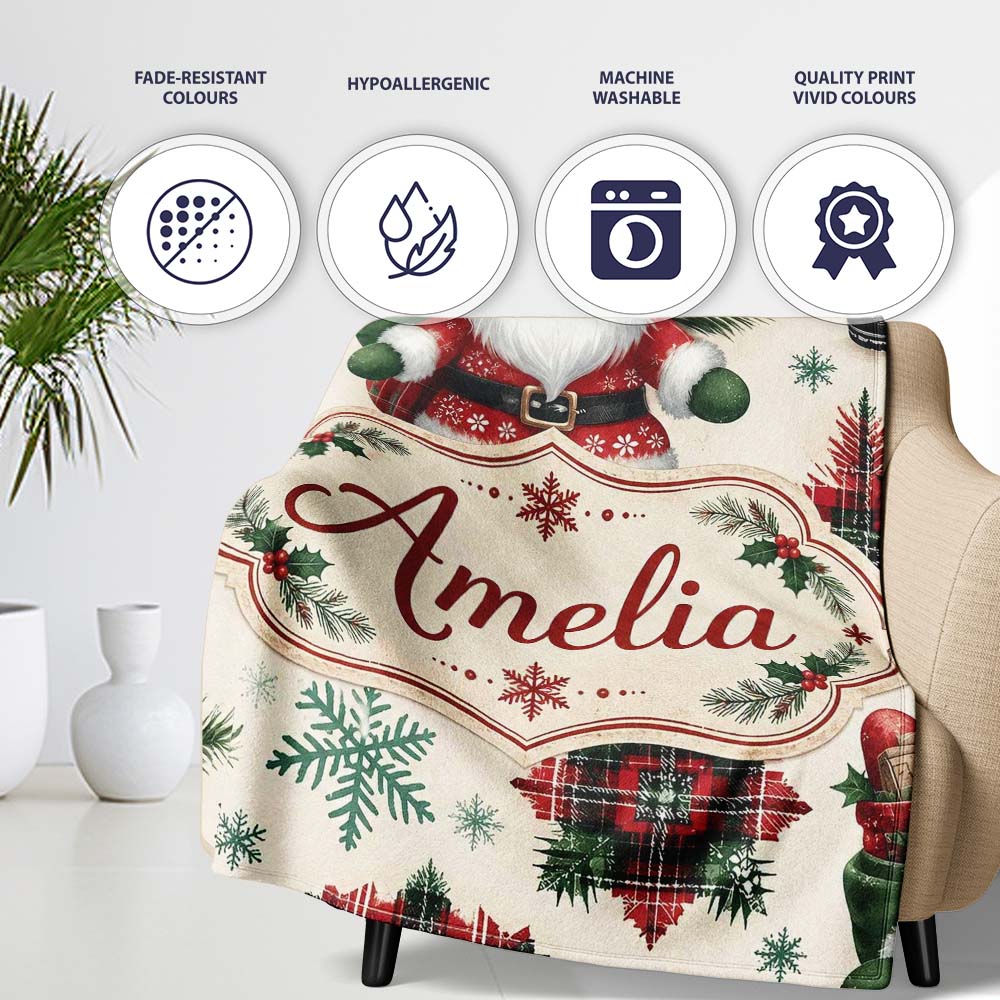 Cute Santa Character Gifts Snowflakes Seamless Pattern Lovely  Personalised Custom Name Super Soft Fleece Blanket Bed Sofa Throw