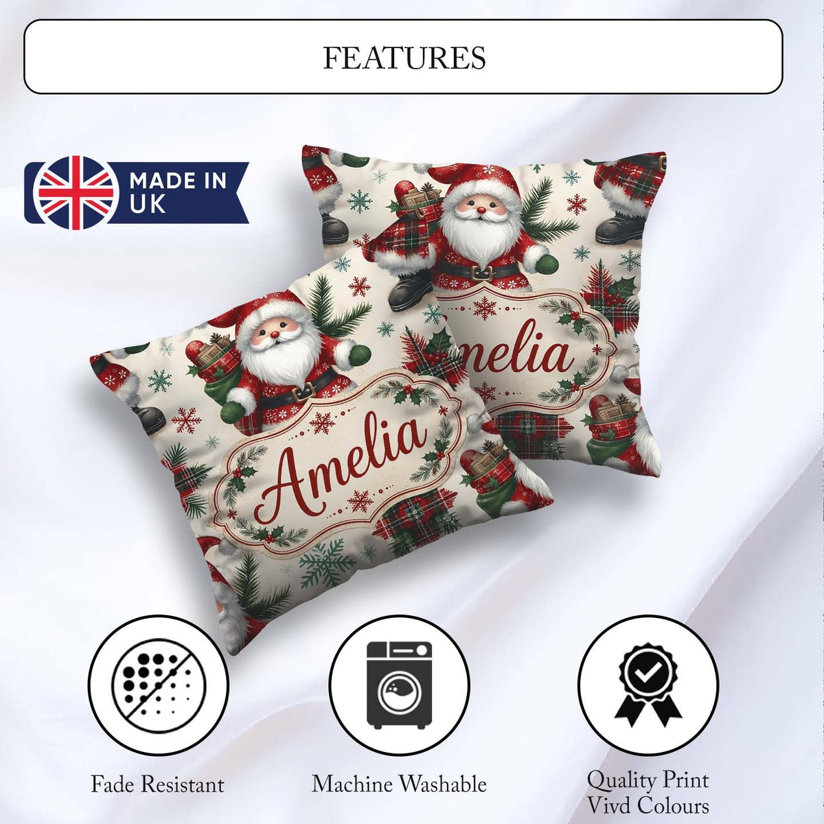 Custom Name Santa Character Gifts Snowflakes Seamless Pattern Square Filled Cushion Throw Pillow Sofa Bed Home Decor Zip Washable UK Made